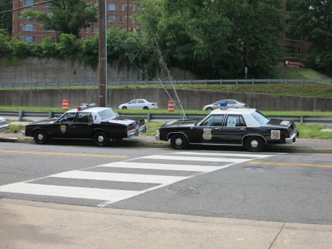 1991 Ford LTD Crown Victoria - Two vintage black-and-white police sedans with roof beacons and gold door shields are parked along a road at a crosswalk.