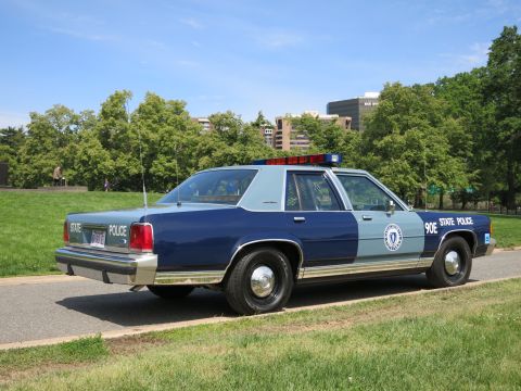 1991 Ford LTD Crown Victoria - Rear three-quarter view of a navy-and-silver State Police sedan with rooftop lightbar parked on a paved path among green trees.
