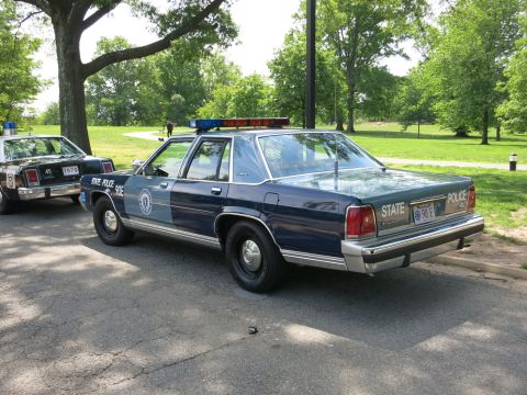 1991 Ford LTD Crown Victoria - dark-blue Ford State Police sedan with a roof light bar is parked in a park with another marked car at the left.
