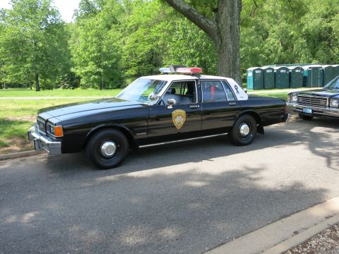 1991 Ford LTD Crown Victoria - black-and-white police sedan with a white roof and roof light bar sits in a park beside green portable toilets.