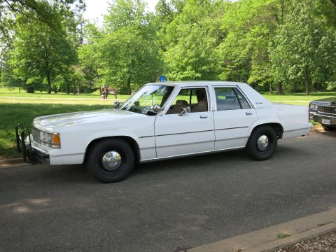 1991 Ford LTD Crown Victoria - white Ford LTD Crown Victoria sedan fitted with a single blue roof light and front push bumper sits on a shaded park road.