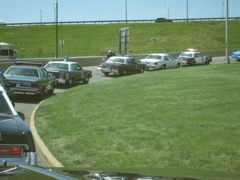 1991 Ford LTD Crown Victoria - row of vintage police sedans, including marked black-and-white units, parked along a curb beside a green lawn and highway embankment.
