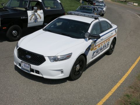 1991 Ford LTD Crown Victoria - white Ford Police Interceptor sedan with blue striping and roof lights is parked on a road near a grassy hillside.