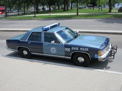 1991 Ford LTD Crown Victoria - two-tone blue '90E State Police' sedan with roof light bar is shown front three-quarter at a curb beside a park.