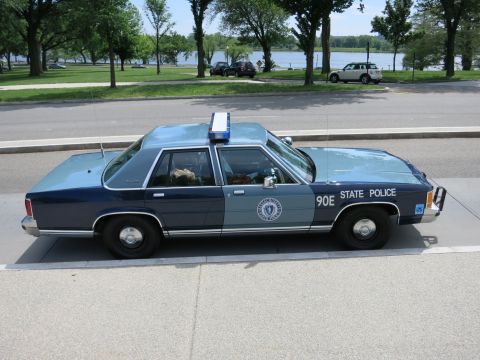 1991 Ford LTD Crown Victoria - blue '90E State Police' sedan with light bar is parked in profile near a tree-lined waterfront.