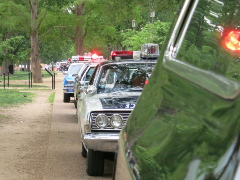 1991 Ford LTD Crown Victoria - row of vintage police cars with red emergency lights illuminated, lined up along a tree-shaded park path, viewed past a green fender.