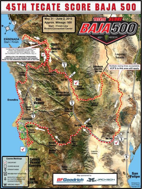 1968 Ford Mustang - Promotional Baja 500 off-road race course map poster showing the route, checkpoints, and sponsors.