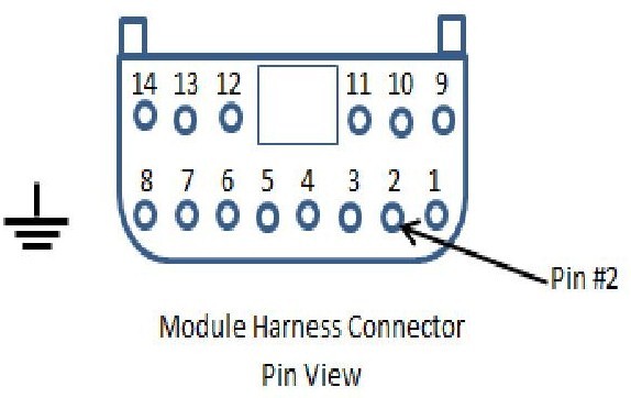 14-pin module harness connector pin view diagram with pin 2 callout and ground