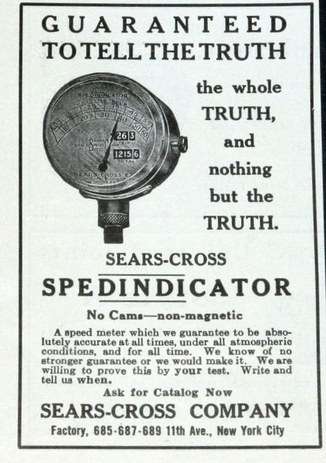 1909 Ford Model T - Advertisement for a Sears-Cross Speed Indicator, a non-magnetic speedometer.