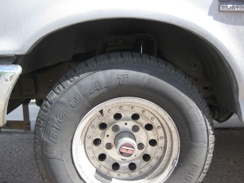 1988 Ford Bronco - A close-up view of the front wheel and fender assembly of a truck, showing the tire and suspension components.