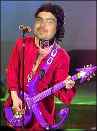 1991 Ford LTD Crown Victoria - A man dressed as Prince plays a purple guitar on stage, with 'SUPER MOTORS' branding at the bottom.
