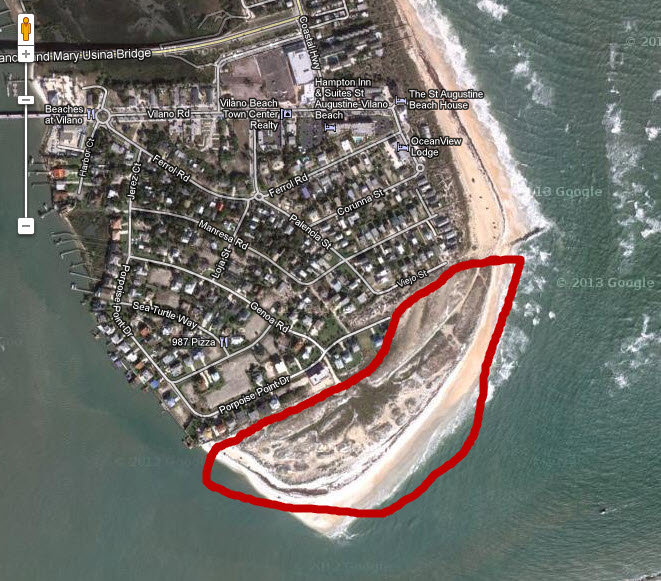 Aerial view of Vilano Beach, Florida, with a red outline around a section of coastline