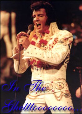 1991 Ford LTD Crown Victoria - Elvis Presley performing live on stage, wearing an ornate white jumpsuit and a floral lei.