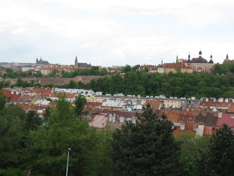 Cityscape with red-tiled roofs and distant castles under a cloudy sky