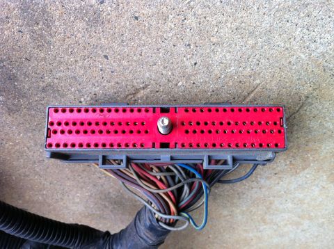 1992 Ford Bronco - Close-up of a red automotive wiring harness connector with a bundle of colorful wires attached.
