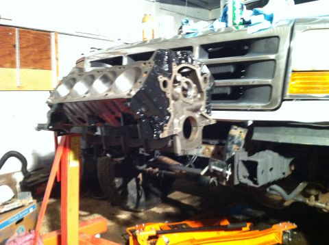 1992 Ford Bronco - Engine block installation in progress on a 1992 Ford Bronco.