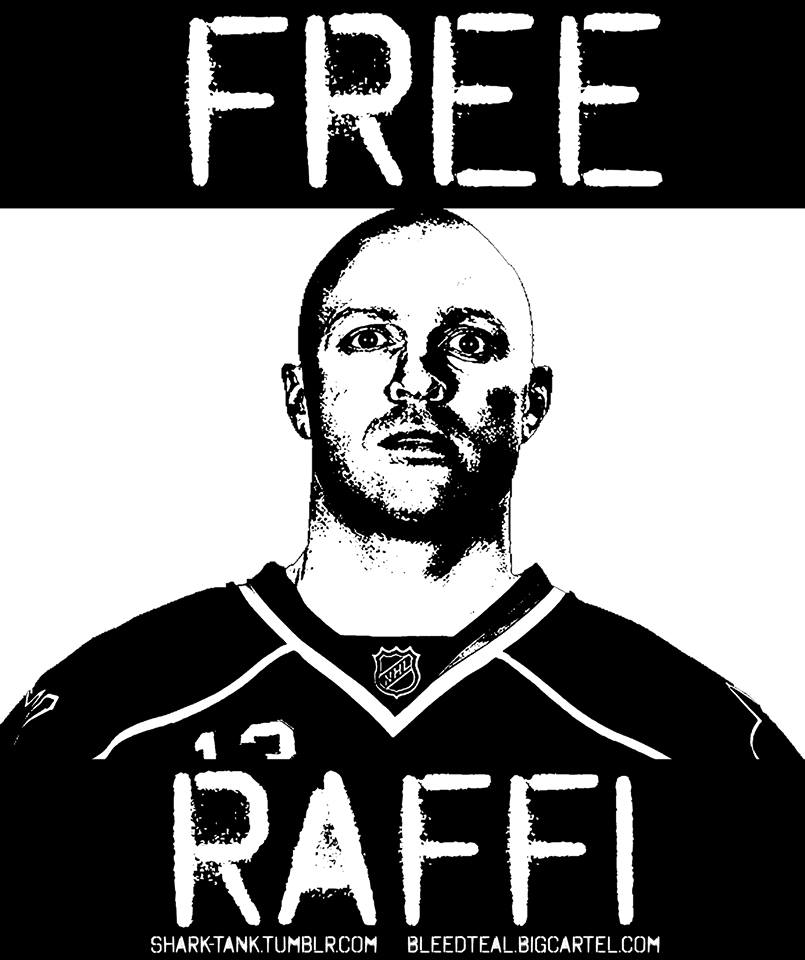 Black and white graphic of a bald man's face and shoulders, wearing a hockey jersey with 'RAFFI' and '13' on it. Text above reads 'FREE'