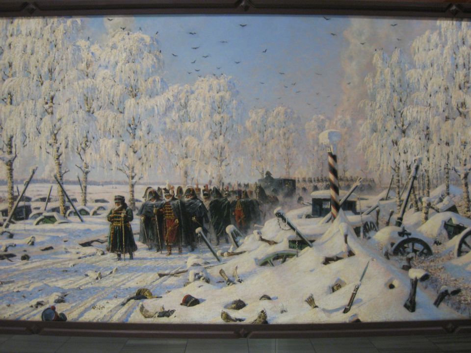 Painting shows soldiers in a snowy landscape with trees and cannons covered in snow