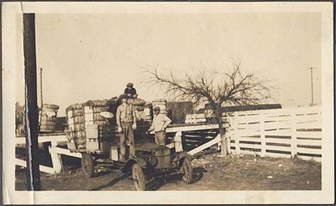 1909 Ford Model T - A truck loaded with bales is parked near a white fence, with three men gathered around it. The scene appears to be from the early 20th cent…