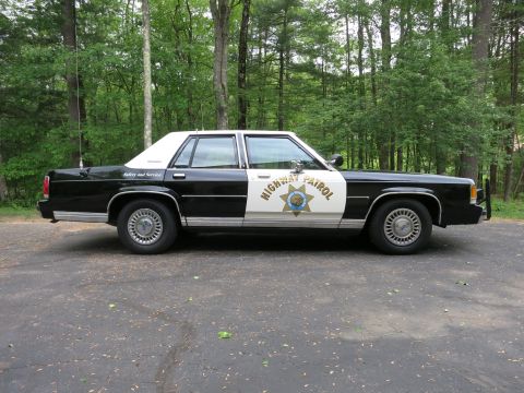 1991 Ford LTD Crown Victoria - black-and-white Highway Patrol sedan with door star and whip antenna parked in a forested lot, shown in profile.