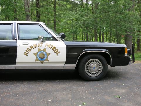 1991 Ford LTD Crown Victoria - Front driver door of a black-and-white cruiser displaying a gold seven-point Highway Patrol star and door-mounted spotlight.
