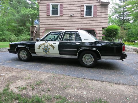1991 Ford LTD Crown Victoria - Full driver-side profile of a black-and-white Highway Patrol sedan with door star and antenna, parked before a house.