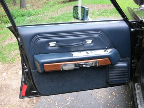 1991 Ford LTD Crown Victoria - Interior of an open front car door showing a navy door panel with chrome grab handle and woodgrain accent.