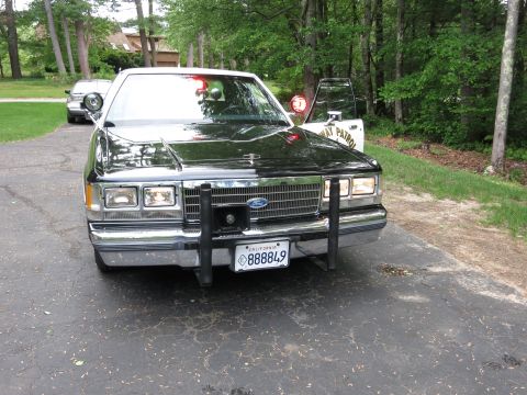 1991 Ford LTD Crown Victoria - Front three-quarter view of a black Ford sedan with chrome push bumper and California plate, parked in a wooded driveway.