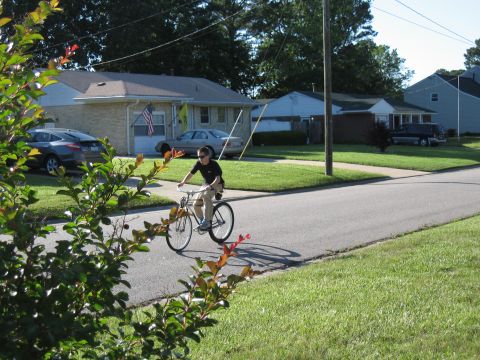 1994 Ford Bronco - A young person pedals a bicycle down a residential street on a sunny day.