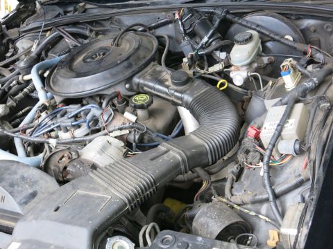 1991 Ford LTD Crown Victoria - Engine compartment showing a round air cleaner, ribbed intake duct, master cylinder and tangled wiring.