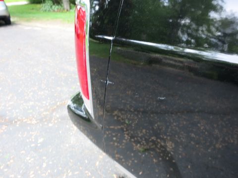1991 Ford LTD Crown Victoria - Edge of a red taillight and the glossy black rear quarter panel of a car, with pollen-dusted pavement below.