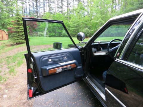 1991 Ford LTD Crown Victoria - Open front door of a black police car revealing the blue door panel, wood trim and interior spotlight handle, lawn in background.