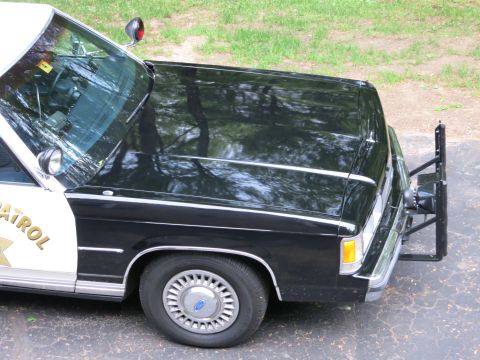 1991 Ford LTD Crown Victoria - Front quarter of a black-and-white police car showing the windshield, partial 'Patrol' lettering, steel push bar and Ford wheel cover.