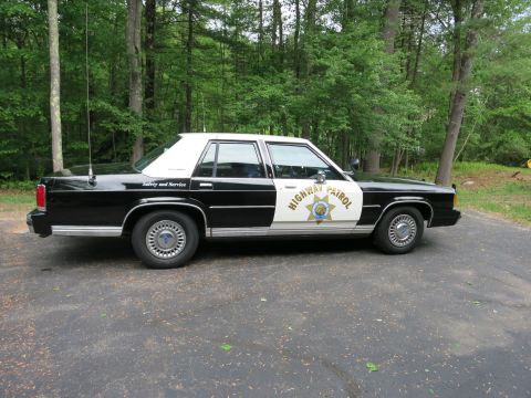 1991 Ford LTD Crown Victoria - Driver-side profile of a black-and-white police sedan bearing a Highway Patrol star shield and Safety and Service lettering, parked by wood…