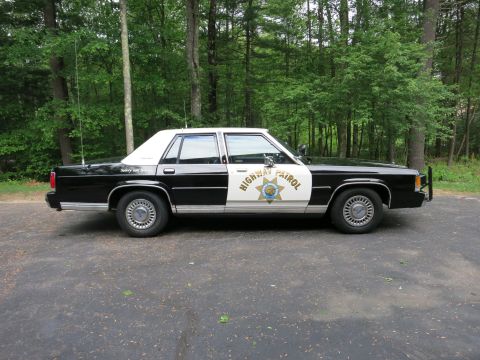 1991 Ford LTD Crown Victoria - Passenger-side profile of a black-and-white Highway Patrol cruiser with a gold star door shield, parked on a gravel lot near forest.