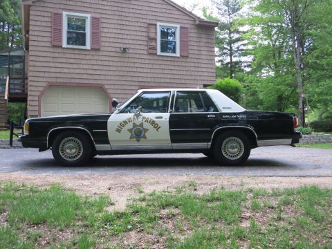 1991 Ford LTD Crown Victoria - Passenger-side profile of a black-and-white Highway Patrol cruiser with a gold star door shield, parked before a pink shingled house.
