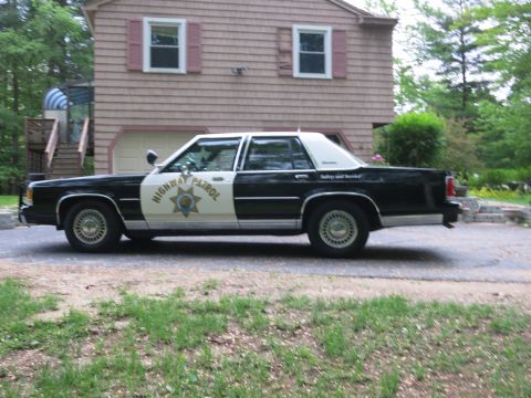 1991 Ford LTD Crown Victoria - Driver-side profile of a black-and-white Highway Patrol cruiser with star door shield, parked in a driveway in front of a house.