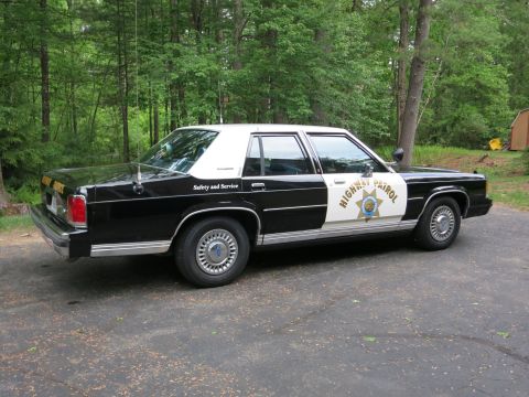 1991 Ford LTD Crown Victoria - Passenger-side profile of a black-and-white Highway Patrol cruiser with a gold star door shield, parked on pavement near trees.
