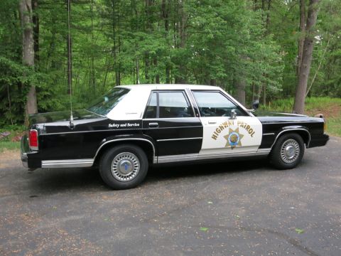 1991 Ford LTD Crown Victoria - Passenger-side profile of a black-and-white Highway Patrol cruiser with a gold star door shield, parked beside a green forest.