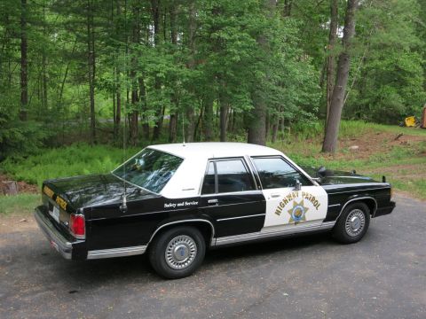 1991 Ford LTD Crown Victoria - Passenger-side rear three-quarter view of a black-and-white Highway Patrol cruiser with star door shield, parked beside woods.