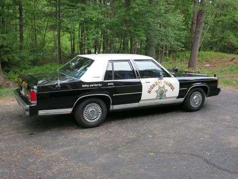 1991 Ford LTD Crown Victoria - Passenger-side profile of a black-and-white Highway Patrol cruiser with a gold star door shield, parked on a driveway by trees.