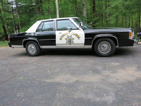 1991 Ford LTD Crown Victoria - Front-quarter view of a black-and-white Highway Patrol sedan with gold star emblem and push bar, parked on dark pavement near woods.