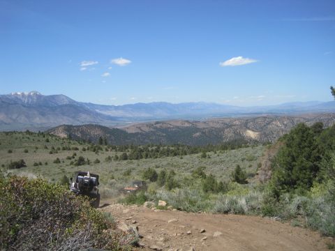 1989 Ford Bronco - A white SUV navigates a dusty trail through a scenic mountain landscape under a clear blue sky.