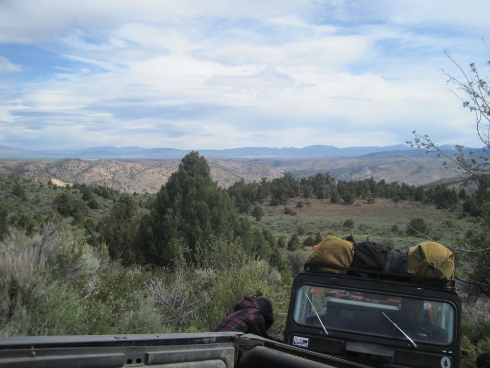 Black SUV with luggage on roof rack, viewed from rear