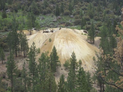 1989 Ford Bronco - A large pile of mine tailings dominates the landscape, surrounded by pine trees and sparse vegetation.