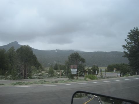 1989 Ford Bronco - A scenic view of mountains and trees from a moving vehicle on a cloudy day.