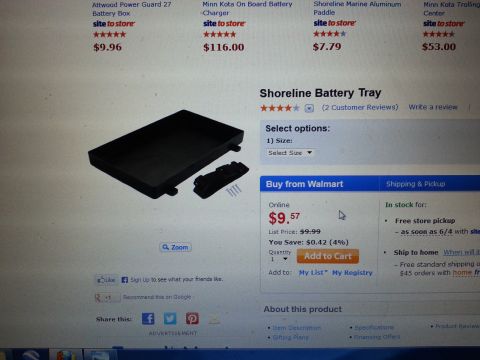 2003 Tracker Tournament - A computer screen displays a Shoreline Battery Tray for sale online, with pricing and shipping information.