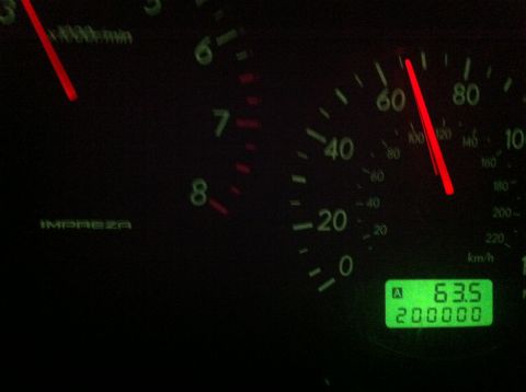 2007 Subaru Impreza - The dashboard displays the 'IMPREZA' model name, a speedometer reading, and an odometer showing 200,000 miles.