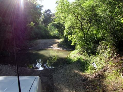 1992 Ford Explorer - SUV navigates a water crossing on a wooded dirt road.