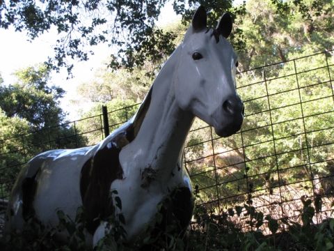 1992 Ford Explorer - A statue of a horse, painted in a pinto pattern, stands behind a wire fence in an outdoor setting.